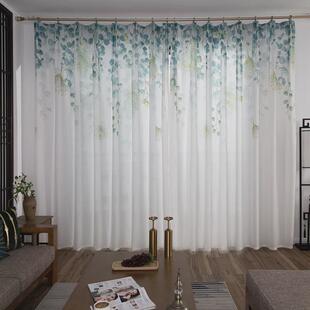 新中式国风山水窗帘免打孔隔断帘客厅别墅书房阳台纱帘透光不透人