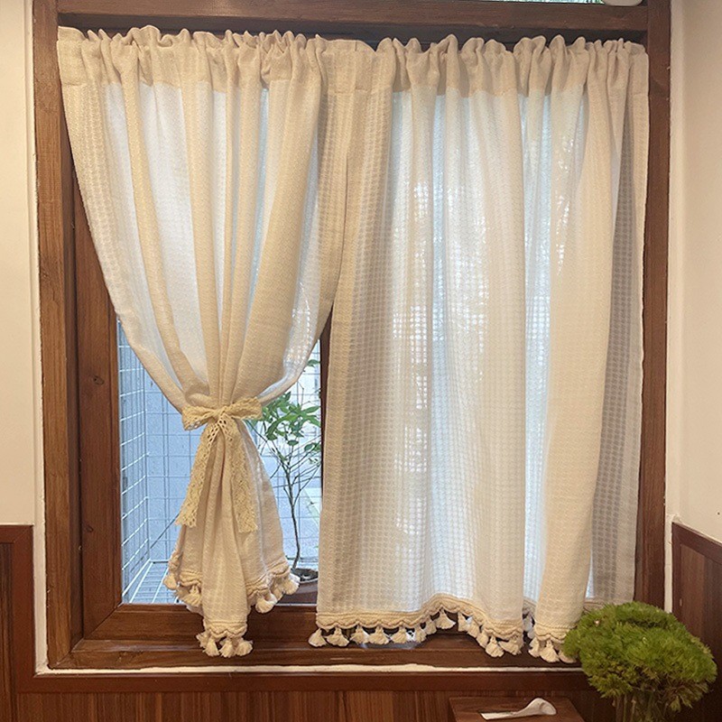 法式窗帘流苏加厚棉麻免打孔半帘短帘门帘隔断帘卧室厨房柜子帘