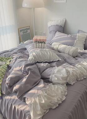 ins公主风蓝色花边被套四件套少女心床裙纯色床单宿舍床上三件套4