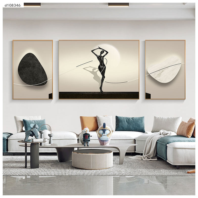 北欧背景墙客厅装饰画抽象极简黑白挂画线条三联画北欧风晶瓷画