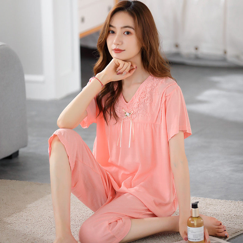 新品绵绸睡衣女士夏季纯棉绸短袖七分裤薄款加大码中年妈妈家居服