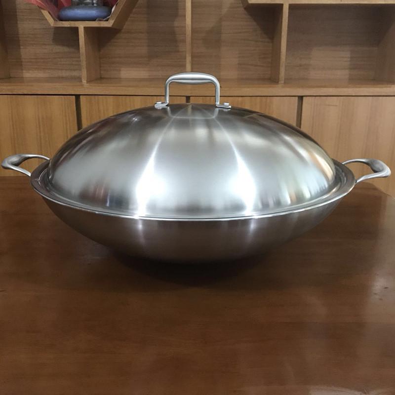 厂家直销不锈钢圆底炒锅三层钢46cm大双耳大号炒锅酒店商用家用锅