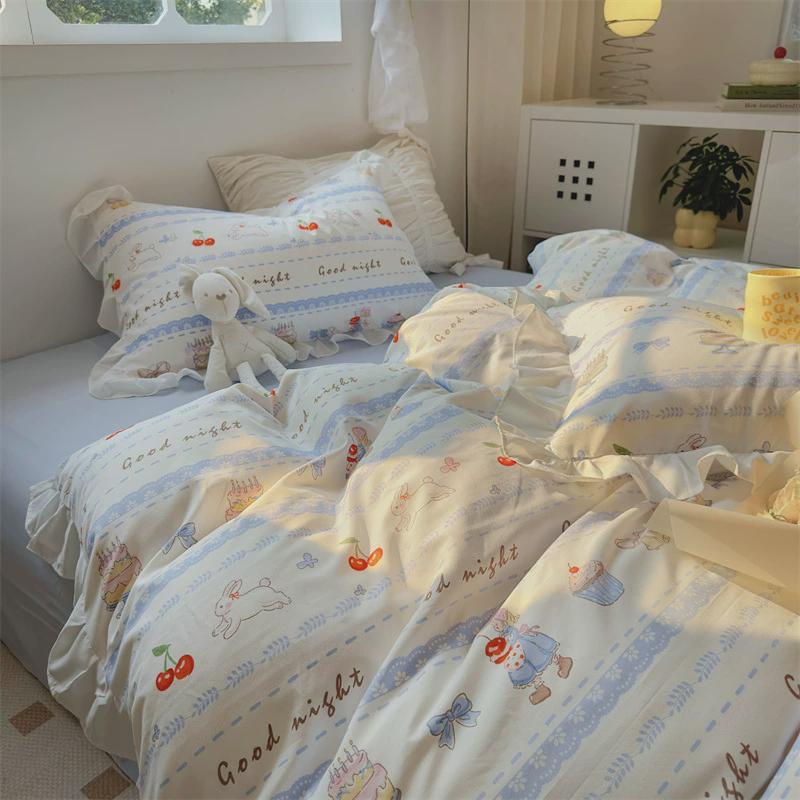 ins赫本风花边黑色素描水洗棉四件套床单被套学生宿舍床上三件套