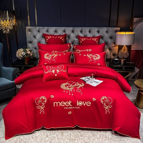 长绒棉四件套100全棉婚庆刺绣欧式轻奢风简约床单被套床上用品