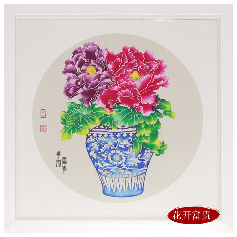 装饰画供应蔚县剪纸中国风特色家居厂家白镜框彩色花卉牡丹图片