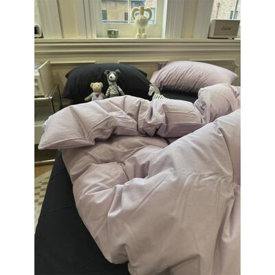 ri0tins水洗棉浅紫被套床单黑床上四件套1.5m1.8米公寓被套三