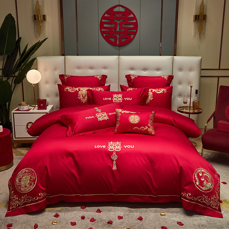 高档婚庆四件套婚嫁新婚床婚床刺绣被套大红喜庆中式结婚礼婚房品
