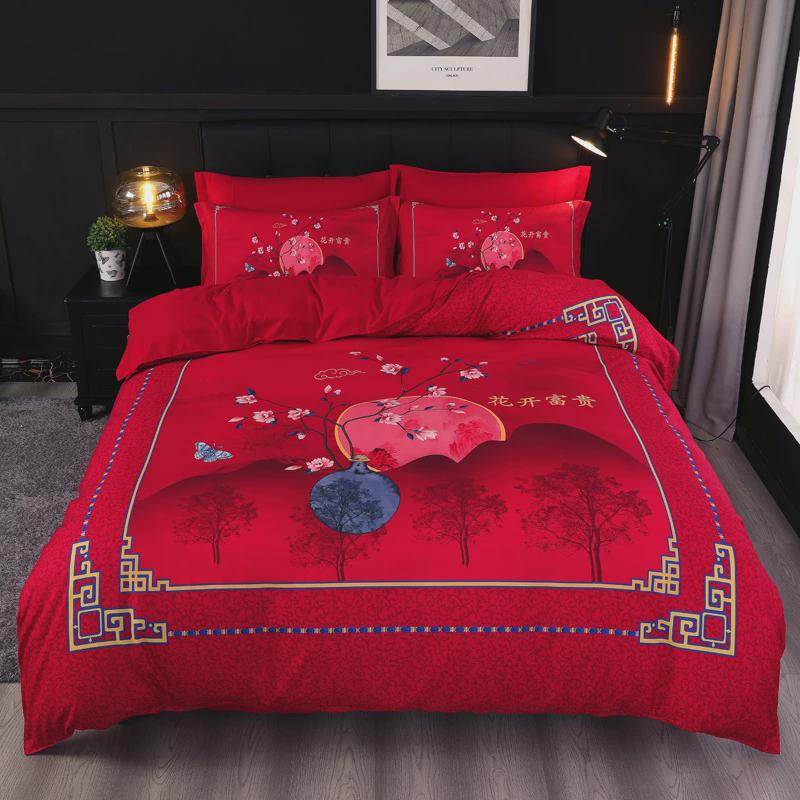 新款婚庆大版花床上四件套水洗磨毛红色结婚陪嫁床单被套大4件套