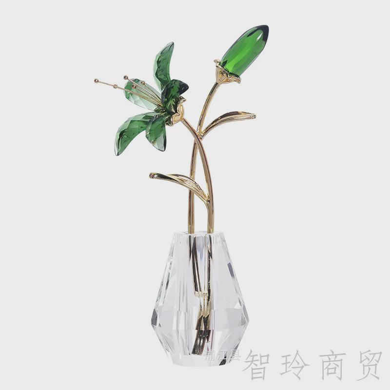 水晶百合花礼品小摆件水晶轻奢风格带花瓶客厅软装简约现代工艺品