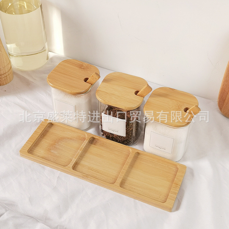 厂家方形玻璃罐带盖带木勺套装套装方三孔托盘玻璃罐三个托盘