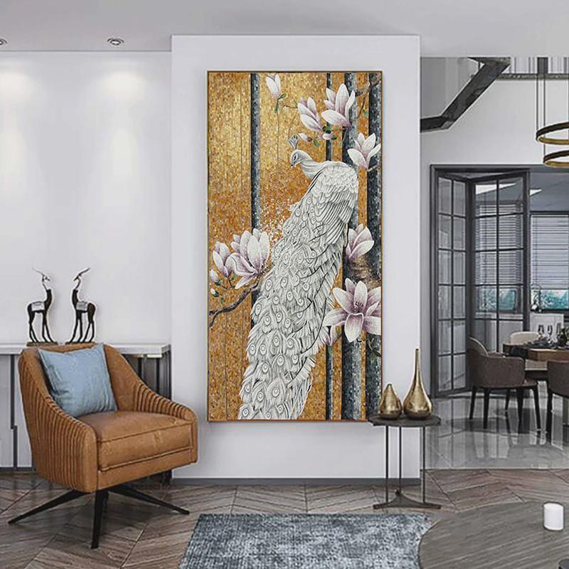 孔雀马赛克手工剪画拼图酒店商场玄关背景墙壁画玻璃马赛克装饰画图片
