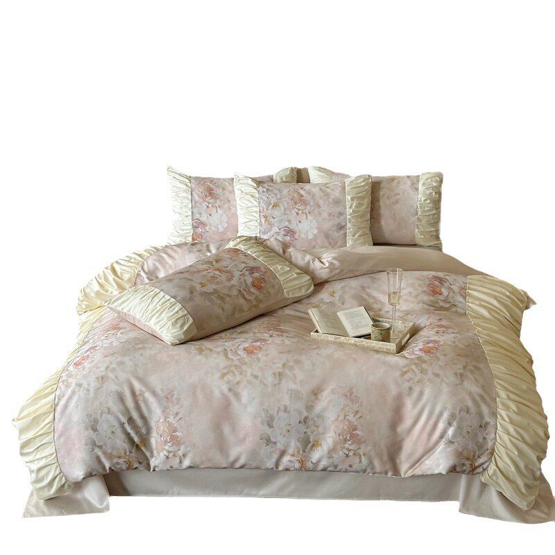 热销法式公主风磨毛纯棉四件套全棉复古印花褶皱被套床单床上用品