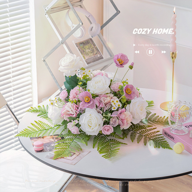 热销圆桌中间转盘盆花饭店包厢花酒店餐桌会议室桌面仿真花装饰摆