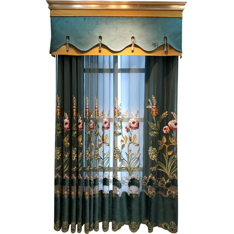 新款客厅轻奢美式窗帘纱绣花墨绿色卧室纱帘阳台隔断成品