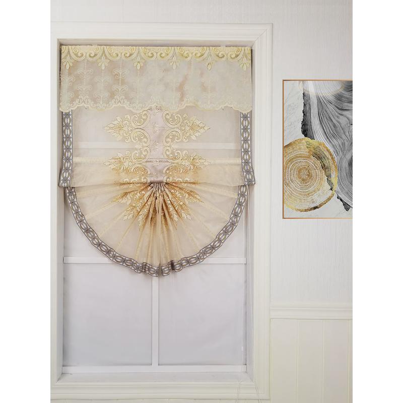 欧式绣花纱帘扇形卷帘罗马帘升降窗帘米灰卡其色餐厅装新品