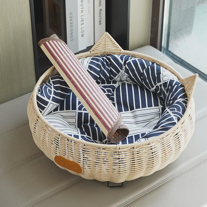 草编猫窝竹编四季离地防潮猫床可拆洗抓板夏季户外待产藤编狗窝