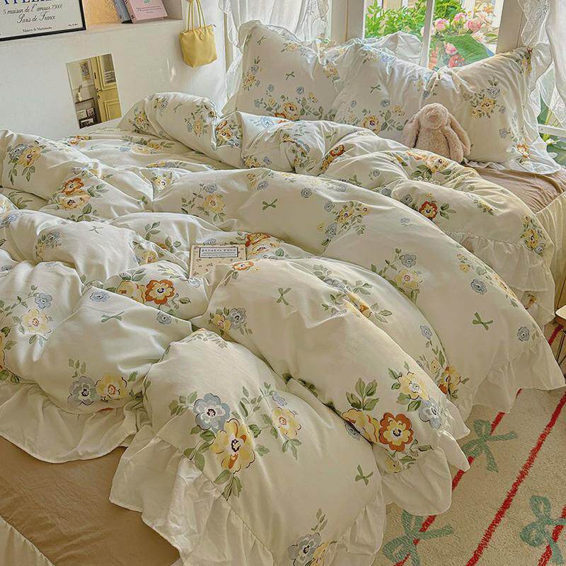法式浪漫公主风花边水洗棉四件套小碎花亲肤被套宿舍三件套床裙款