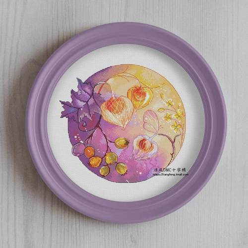 gju8凉风dmc十字绣套件客厅新款绚圆形布彩花卉灯笼果百合花14ct