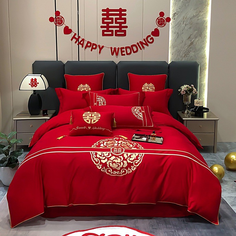 高档中式天丝棉磨毛龙凤刺绣结婚四件套红色被套高级感喜庆婚庆床