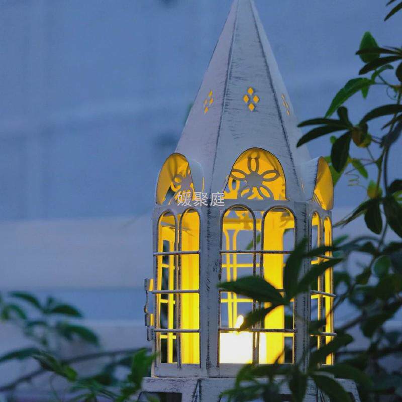 y圎4众擎铁艺复古做旧铁皮尖顶花园造型城堡装饰摆件蜡烛台风灯摆