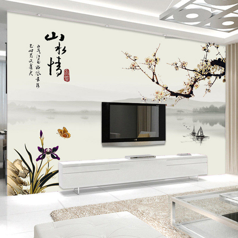 现代中式8d山水情电视背景墙布5d简约现代水墨客厅影视墙装饰壁画