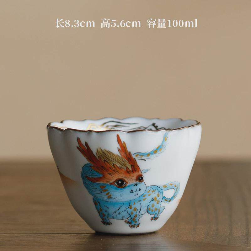 李学级手绘杯山海经九尾狐杯文创茶盏功夫茶杯个人专用汝瓷主人杯