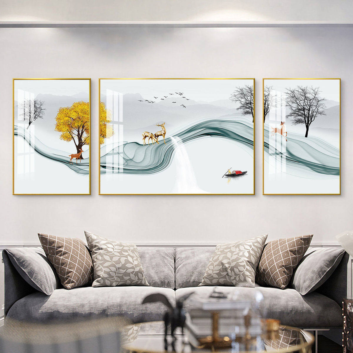 新中式风景壁画客厅装饰画办公室山水三联画大气背景沙发水晶挂画