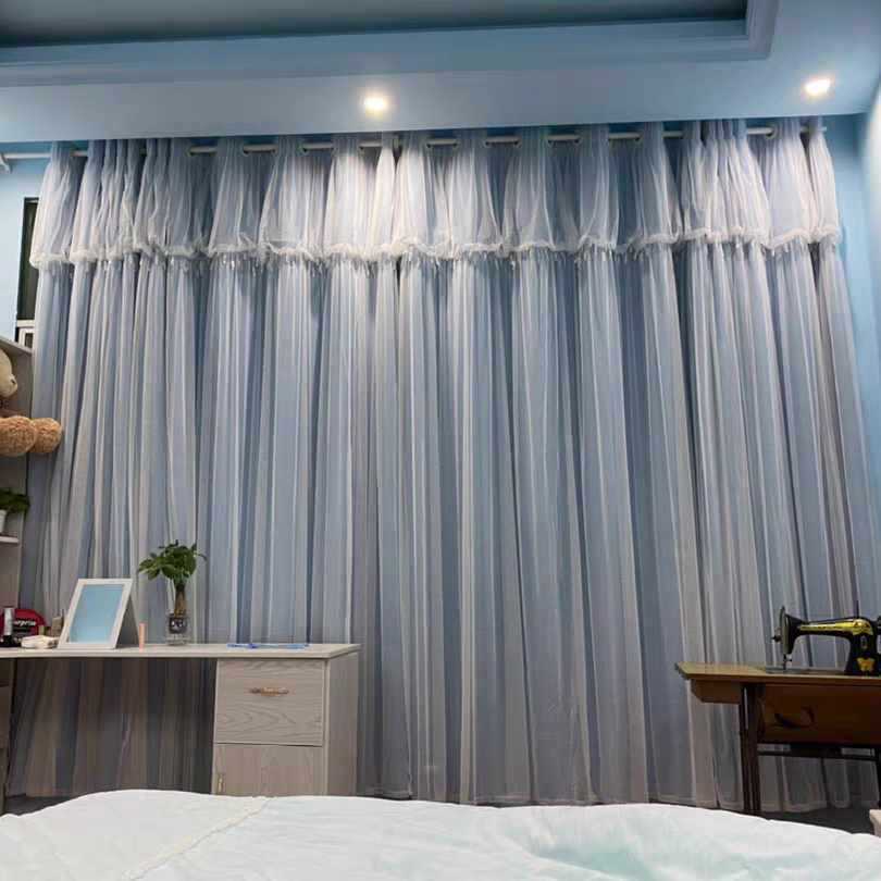 ins新款2022双层帘短公主风窗帘u型遮光带纱客厅卧室飘窗挂钩式