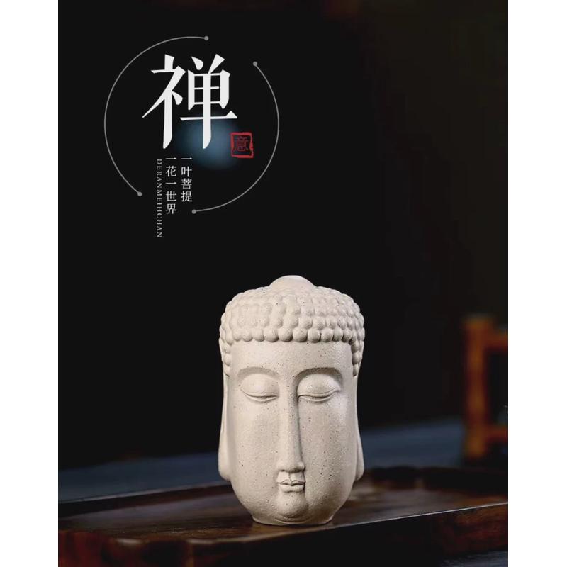 宜兴紫砂茶宠盖手工禅意佛头茶玩把件精品佛首名家置茶盘摆件可养
