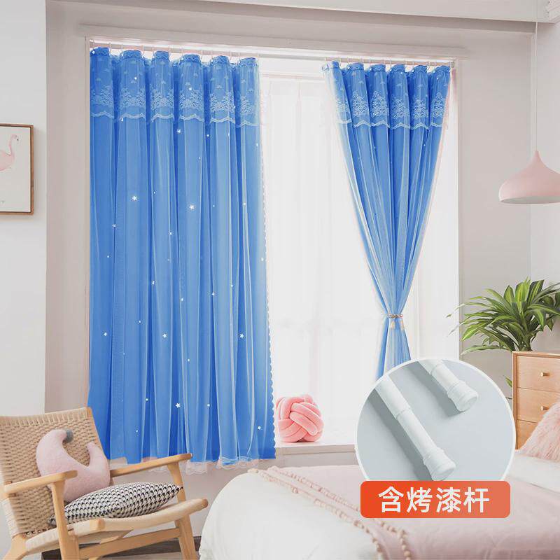 kf15伸缩杆户女孩卧室双层带纱蕾丝小窗窗帘免打孔安装遮光简易遮