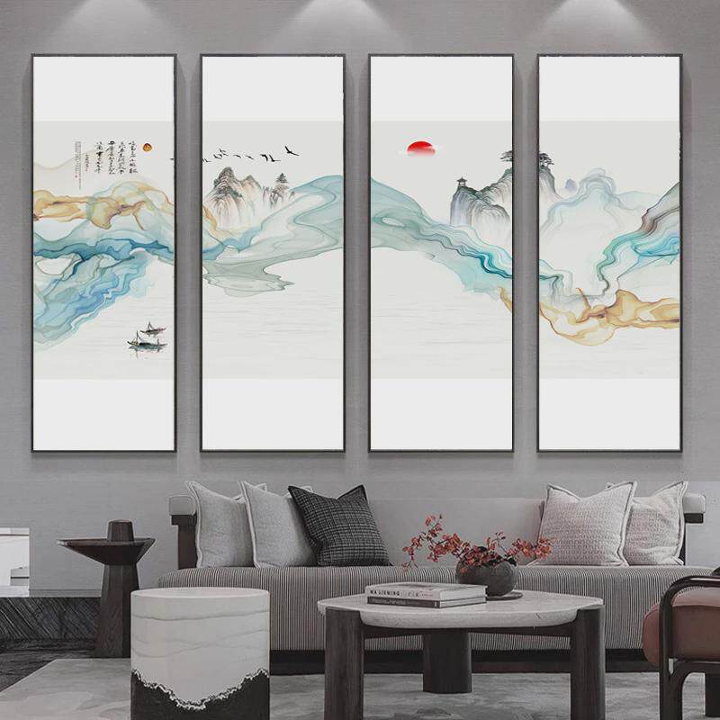 新中式餐厅装饰画酒店客厅沙发画办公室茶室挂画四联背景墙壁画