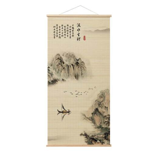 新中式古风字画书法客厅装饰画走廊卷轴茶室玄关竹帘印花卷帘挂画