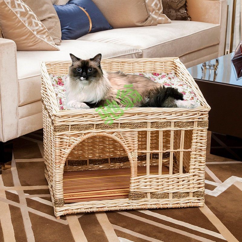 热销猫屋猫窝夏季藤编猫窝四季通用封闭式猫窝别墅可拆洗别墅yut