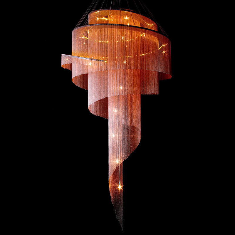 后现代复式楼大吊灯挑空客厅金色展厅别墅酒店工程流苏旋转楼梯灯