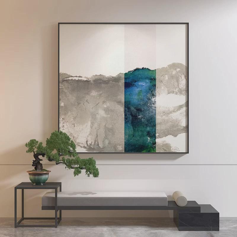 新中式抽象蓝色山水禅意中国风方形客厅装饰画背景墙壁画玄关挂画