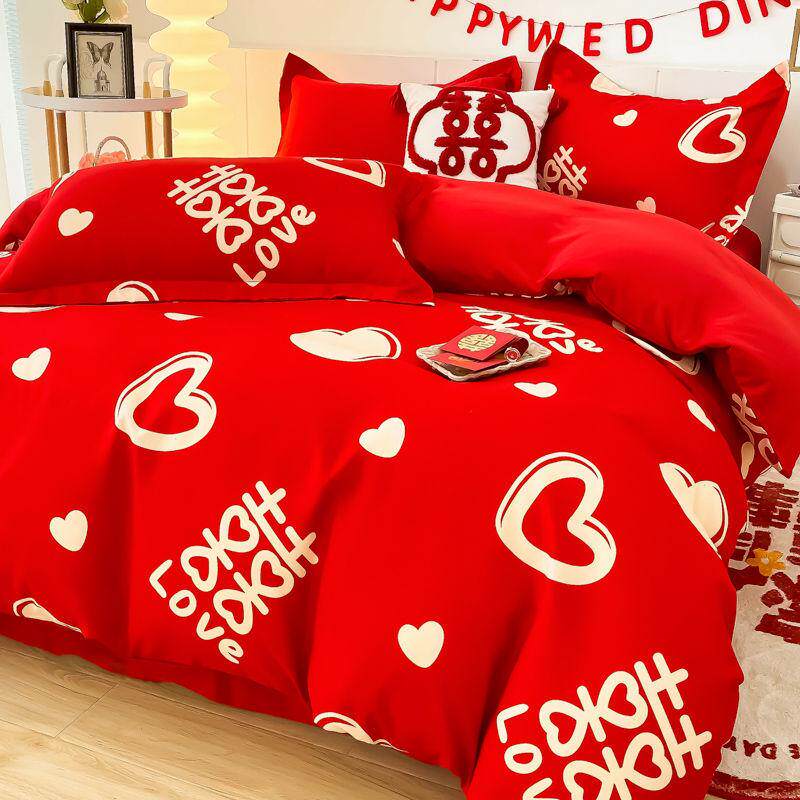 新婚庆四件套大红全棉印花简约小红花陪嫁床单笠婚房被套床上用品,床上用品,婚庆床品套件,淘宝优惠券,粉丝福利购,淘宝优惠卷