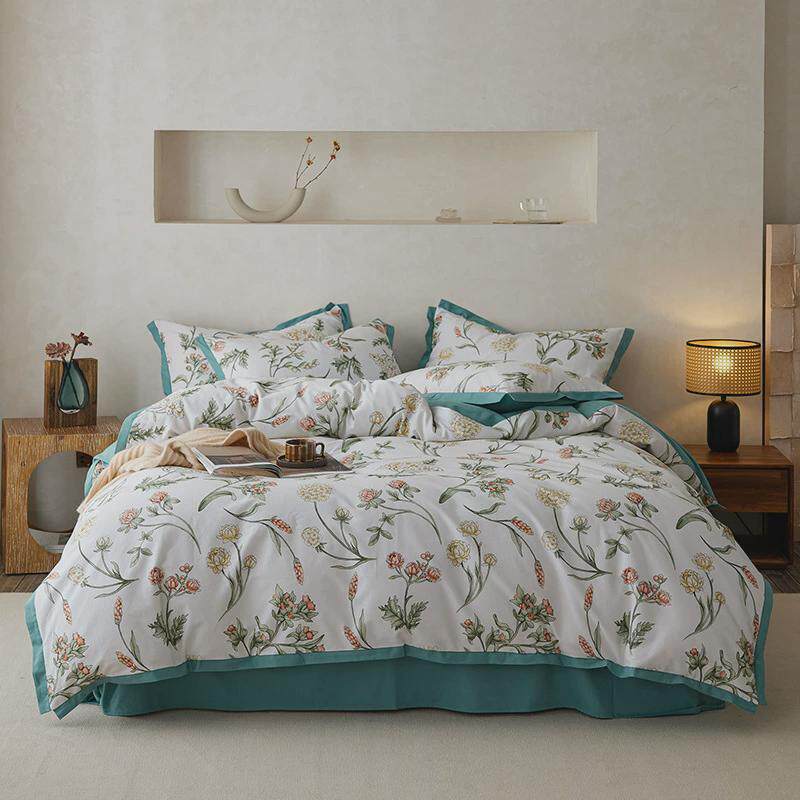 复古北欧风2024新款全棉秋冬磨毛四件套100棉被套花卉美式加厚款