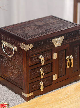 现货批发大红酸枝箱复古珠宝饰品收纳盒红木结婚化妆镜首饰盒带锁