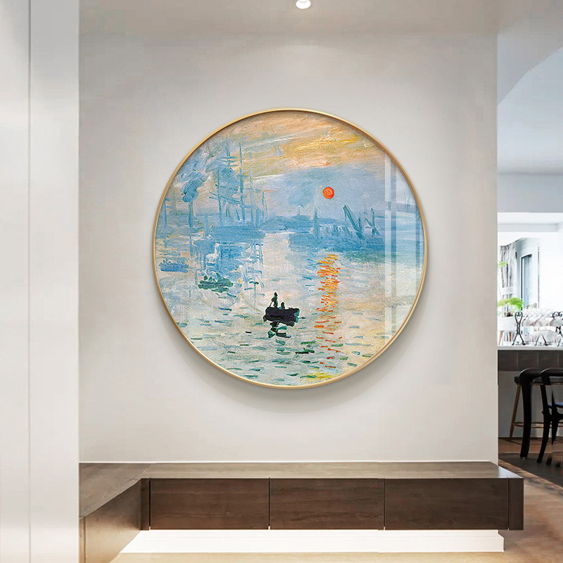 莫奈名画圆形装饰画抽象玄关走廊过道风景油画饭厅挂画日出印象图片