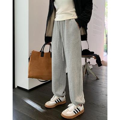阿一 全棉抽绳女春季宽松直筒长裤休闲束脚灰色运动裤