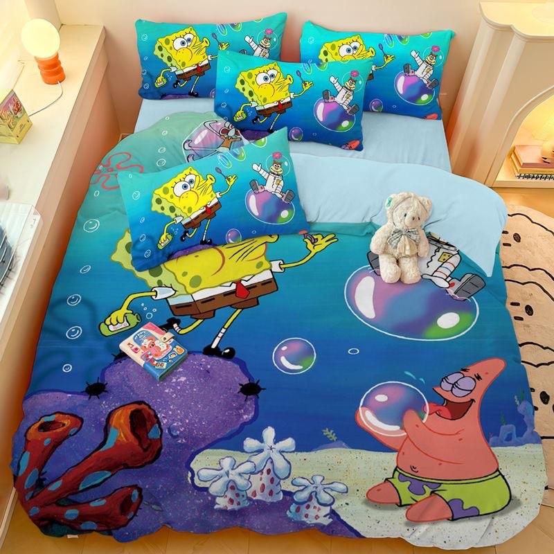 卡通儿童亲海绵宝宝肤磨毛四件套学生宿舍三件套单人床单床笠式