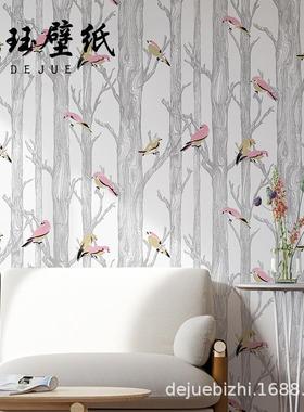 相思鸟现代简约无纺布北欧树木白桦树壁纸客厅卧室背景墙红色墙纸