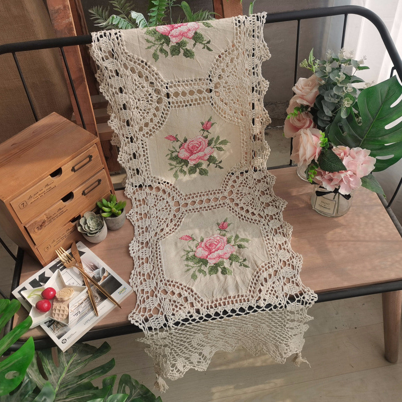 热销不常见欧式田园风轻奢十字绣花手工桌旗电视柜茶几餐桌长钩针