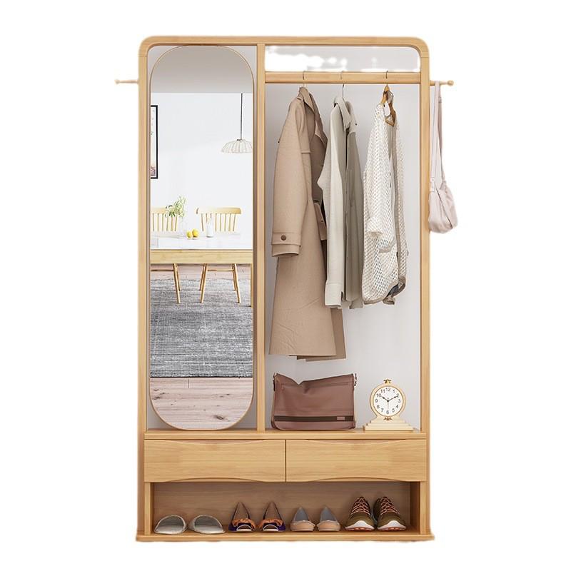全实木衣帽架带镜子网红落地换鞋凳可挂衣架一体移动出租房收纳架
