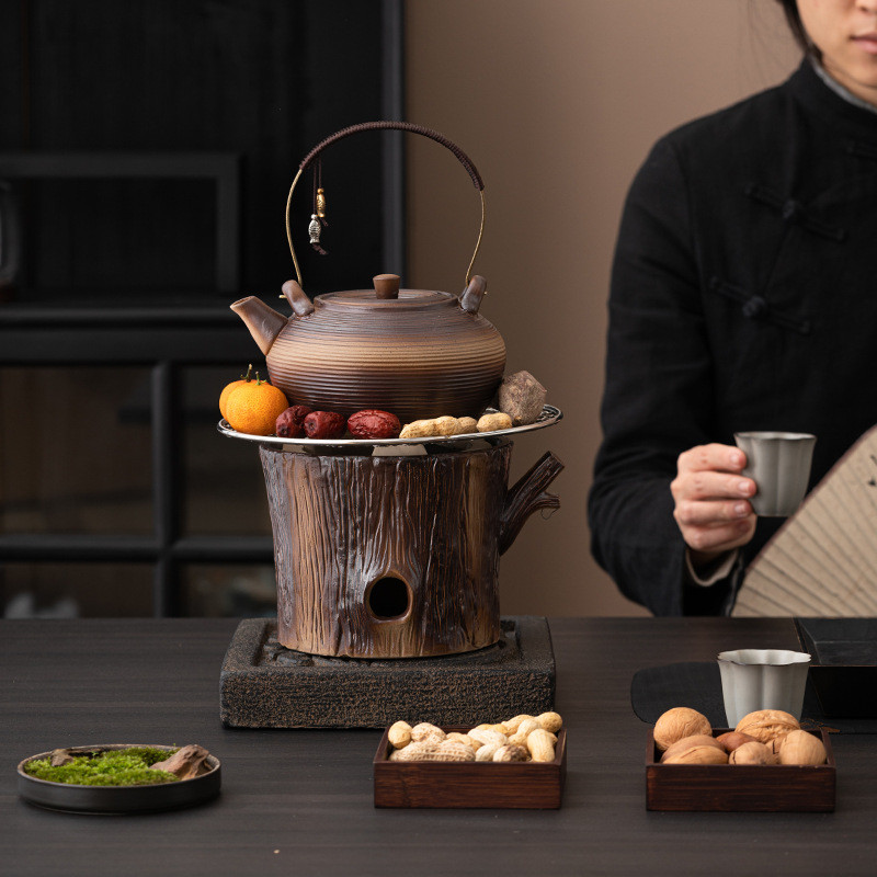 炭火炉复古炭煮茶炉围炉煮茶壶套装中式粗陶瓷侧把壶干烧壶户外家
