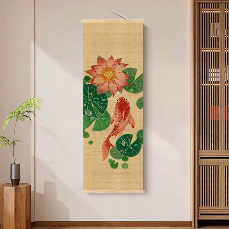 新中式荷花竹帘挂画客厅背景墙禅意挂帘玄关书房复古装饰茶室帘子