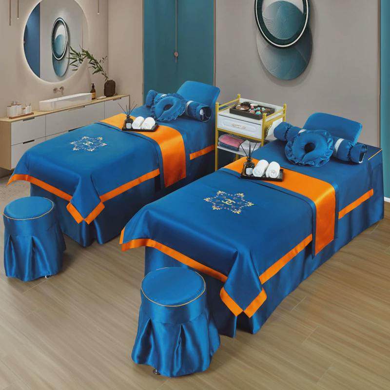 新款贵妃采耳高端美容床罩四件套简约美容院按摩绸缎床套洗头床套