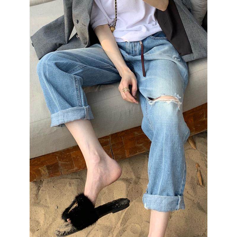 夏季梨形身材破洞女宽松老爹裤显瘦大码胖mm阔腿直筒裤,女装/女士精品,大码裤装,淘宝优惠券,粉丝福利购,淘宝优惠卷