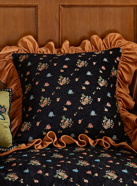 3bsa偏爱集美式复古绣花荷叶边客厅沙发法式玫瑰抱枕绿色腰枕靠垫