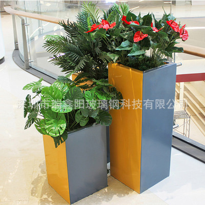 商场休闲方形花箱组合美陈坐凳户外仿木纹装饰花盆成套玻璃钢花器